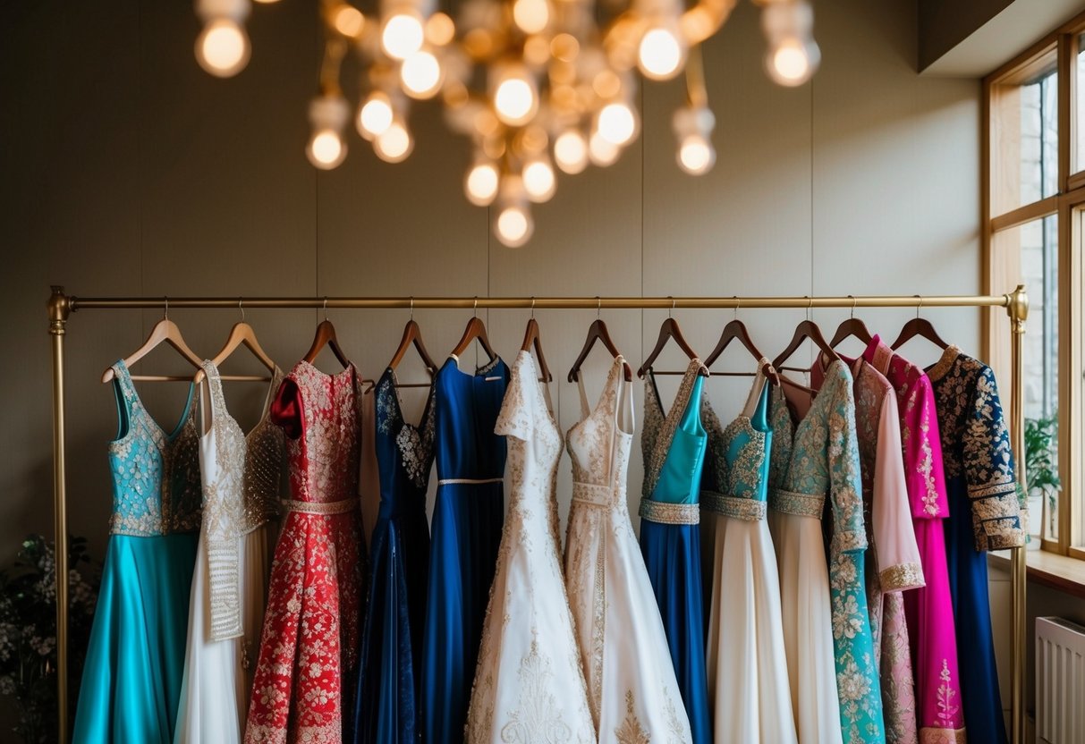 A bride's collection of traditional and personalized wedding outfits displayed on a clothing rack, with various styles and colors