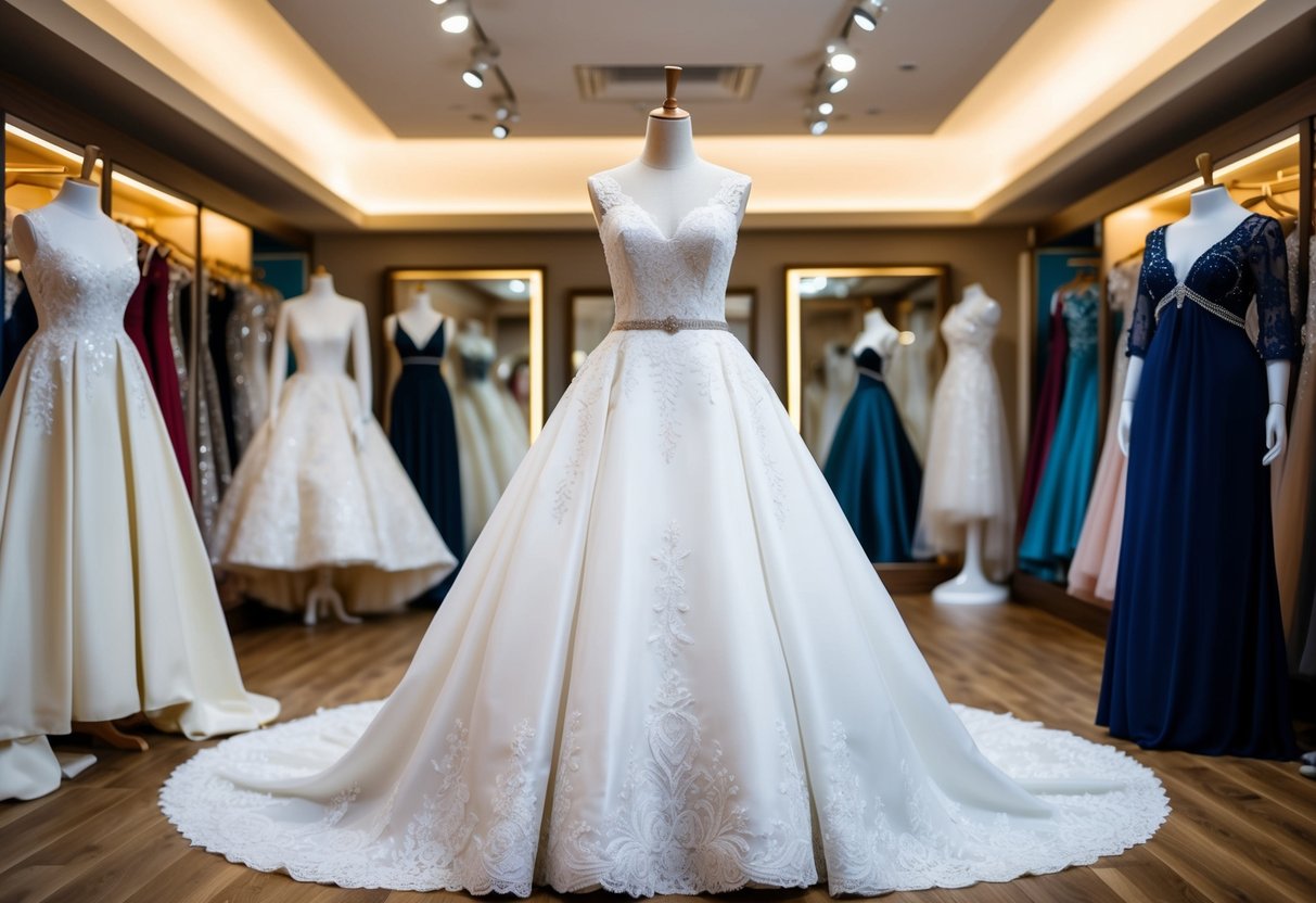 A wedding dress displayed in a boutique, surrounded by other elegant gowns. Mannequins stand nearby, showcasing different styles