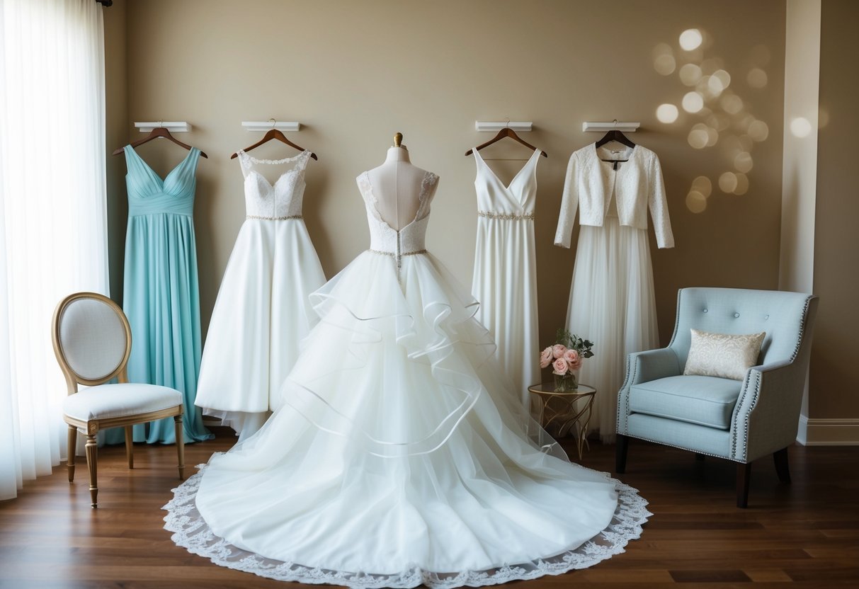 A bride's wardrobe: wedding gown, reception dress, rehearsal dinner outfit, bridal shower attire, and honeymoon attire