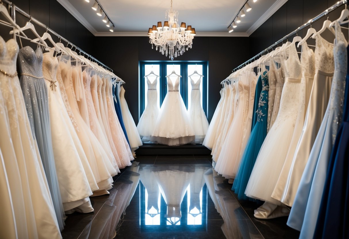 A row of elegant wedding dresses on display in a boutique, with various styles and designs showcasing the difference between designer and couture options