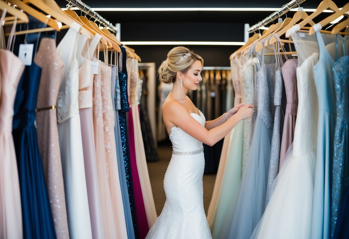 A bride carefully examining wedding dresses in a boutique, surrounded by racks of gowns in various styles and shades
