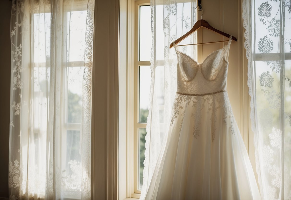 A wedding dress hanging on a vintage wooden hanger, bathed in soft, natural light streaming through a lace curtain