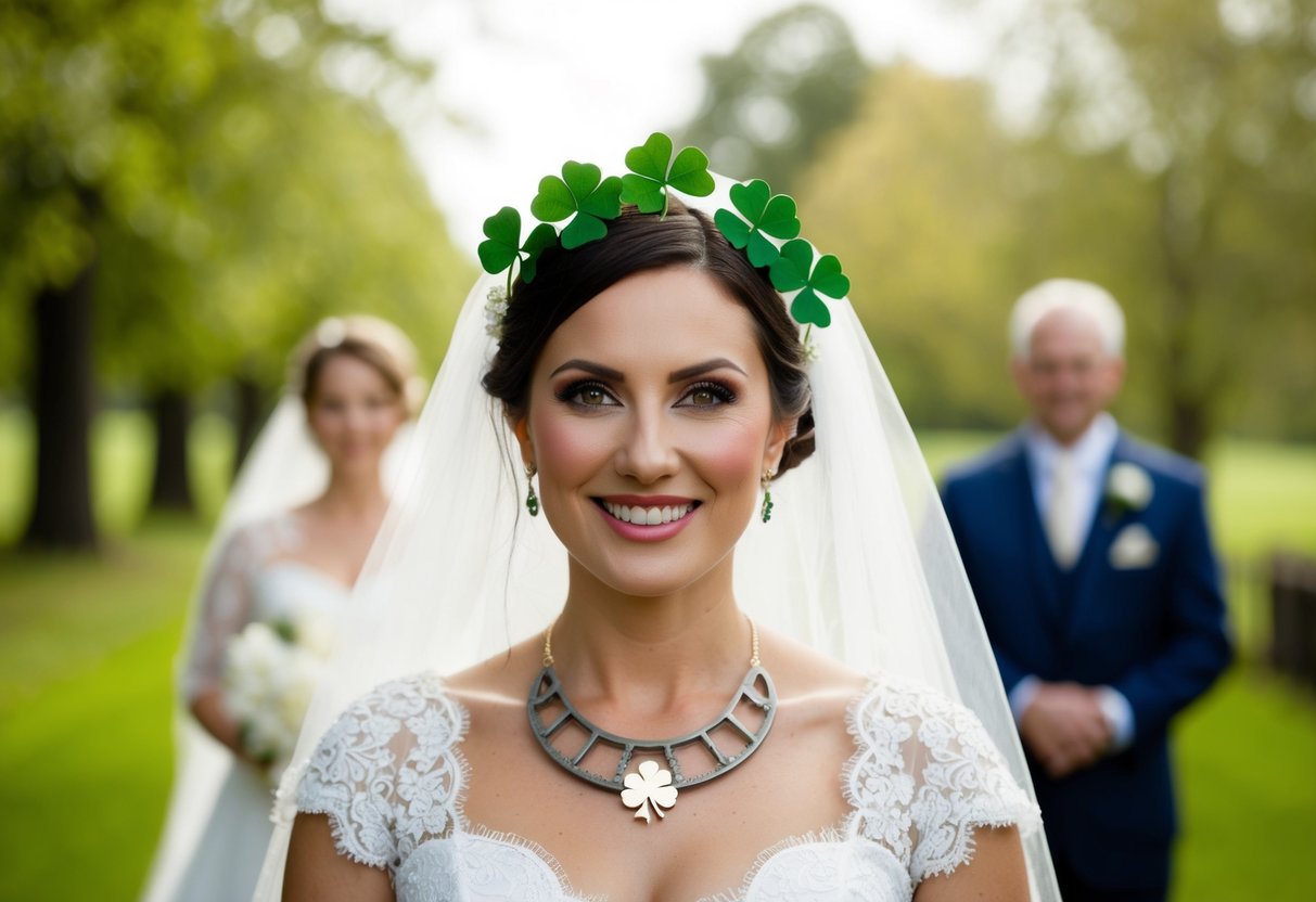 A bride traditionally wears a four-leaf clover, a horseshoe, a silver sixpence, and something borrowed for good luck on her wedding day