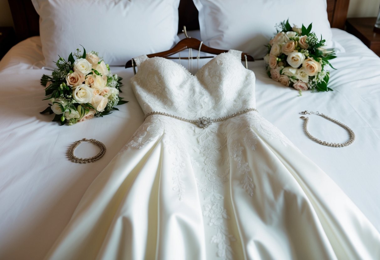 A wedding dress laid out on a bed, surrounded by delicate jewelry and a bouquet of flowers