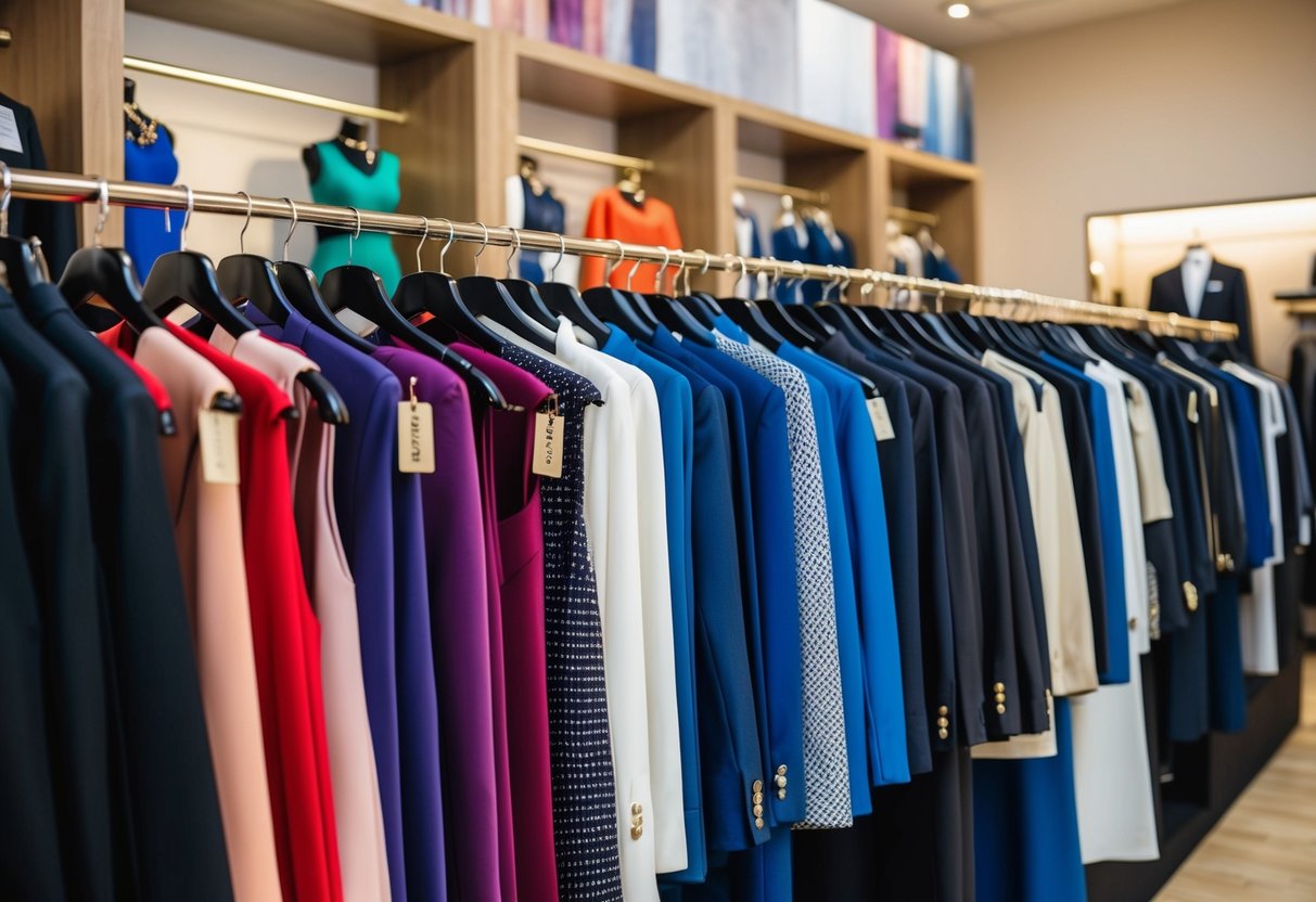 A colorful array of formal attire options displayed in a boutique setting, with price tags visible on the clothing items