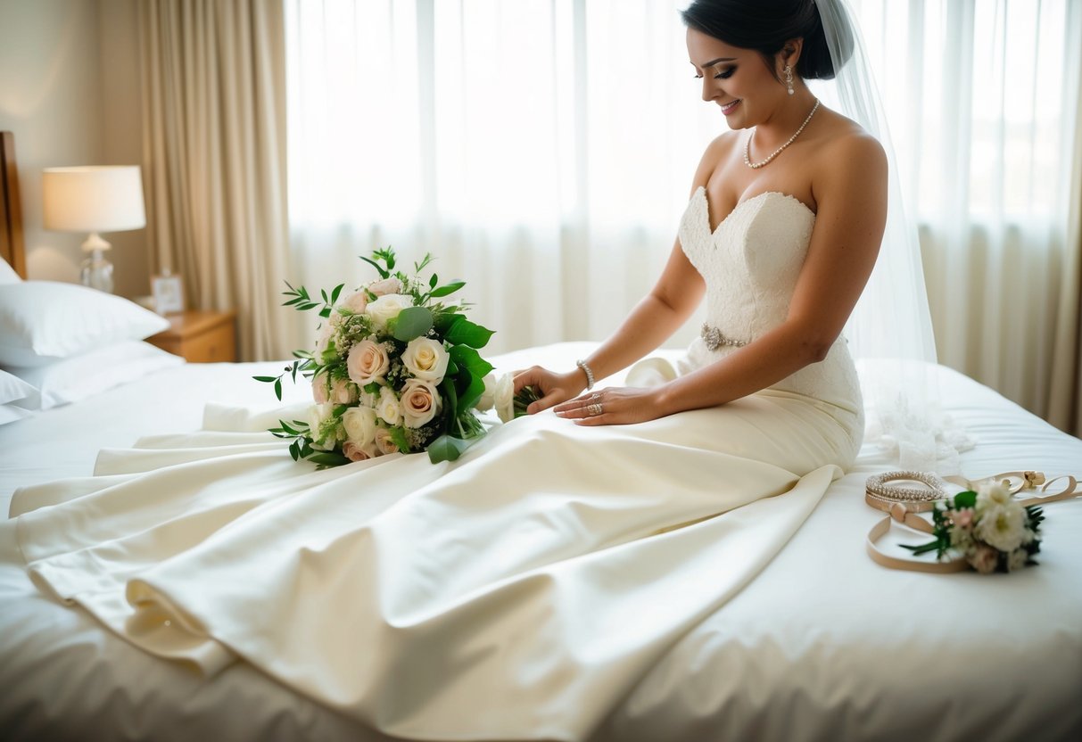 A bride's wedding dress laid out on a bed, surrounded by her accessories and a bouquet of flowers, as she prepares to put it on for her special day
