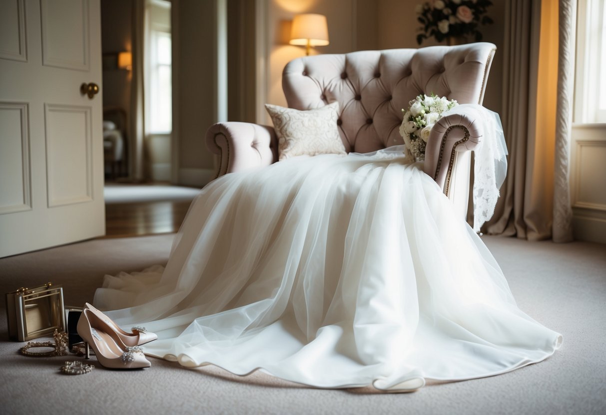 A bride's wedding dress draped over a plush armchair in a sunlit room, surrounded by elegant accessories and a pair of delicate heels