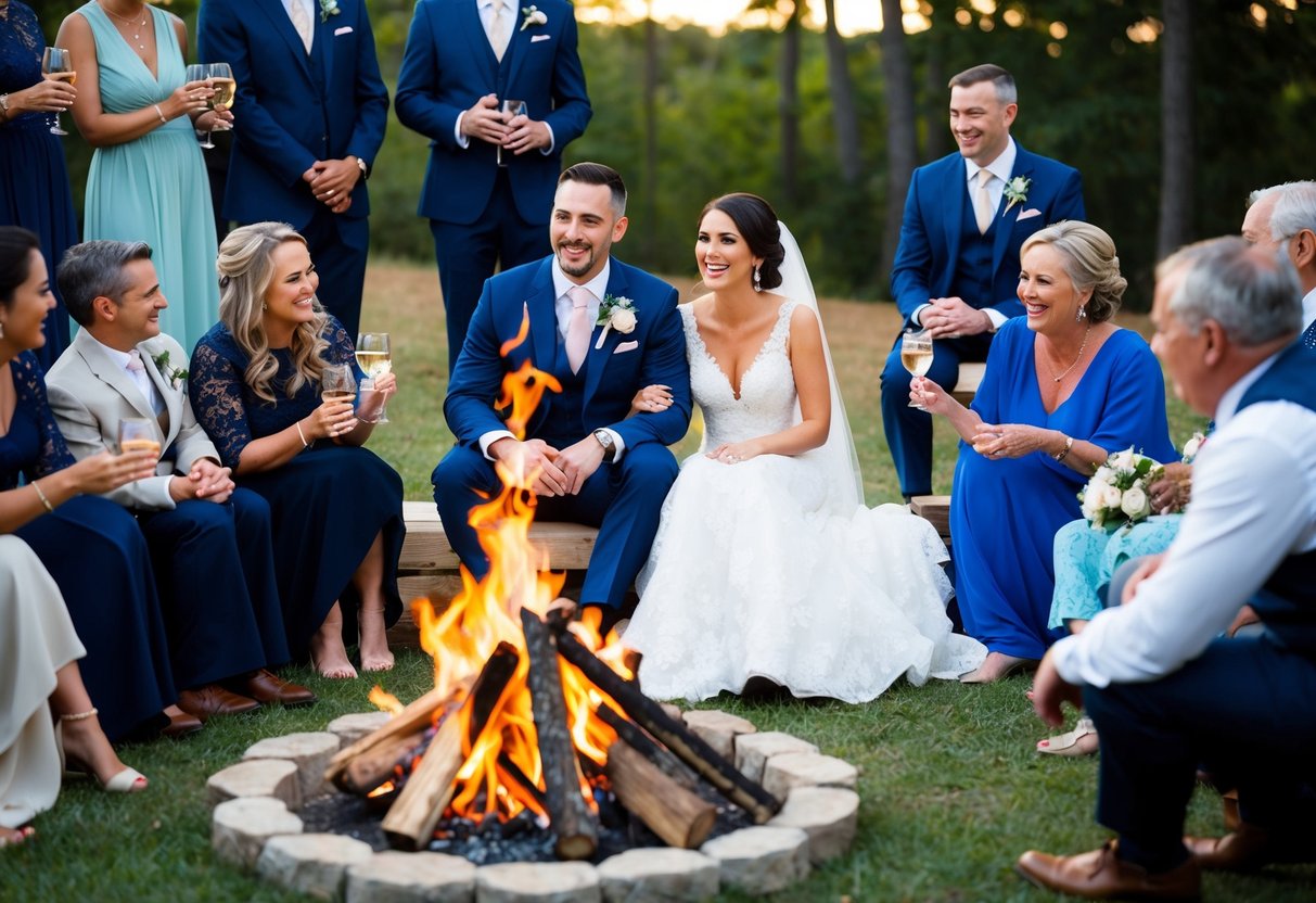 The bride and groom sit by a bonfire, surrounded by family and friends, sharing stories and laughter as they prepare for their wedding day