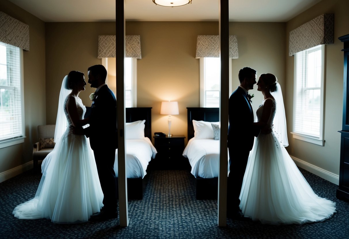 A bride and groom's separate silhouettes in their respective rooms, symbolizing the tradition of spending the night apart before the wedding