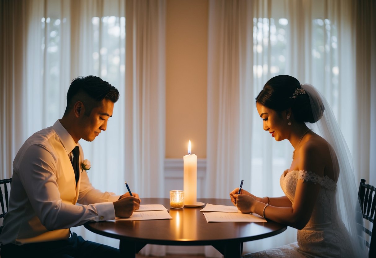 A bride and groom sit at separate tables, writing letters to each other. A candle flickers between them, casting a warm glow on the room