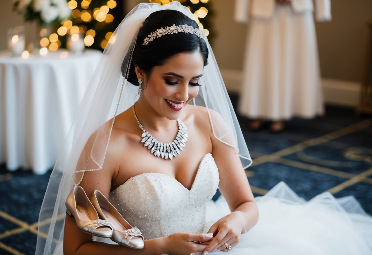 A bride swaps her veil for a sparkling hairpiece, slips off her heels for comfy flats, and adds a statement necklace to her gown for the reception