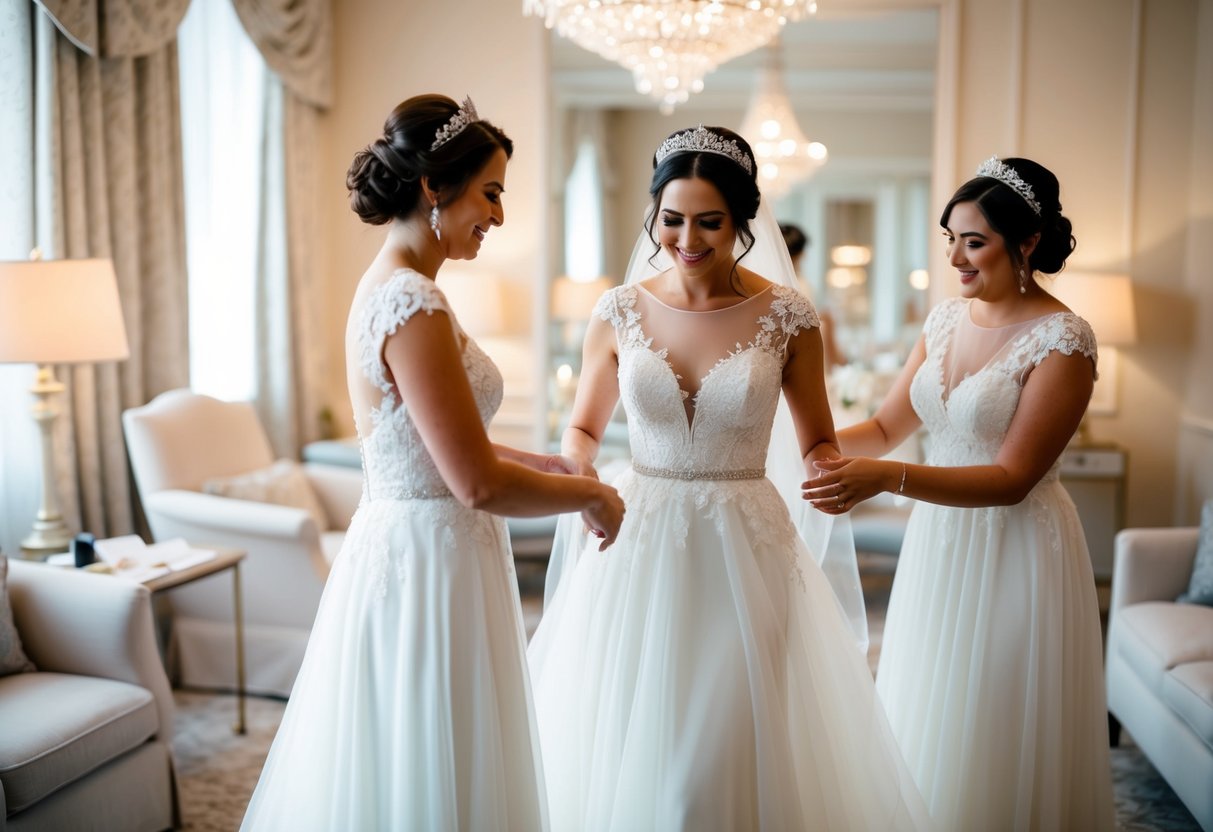 Brides change into a flowing white gown with delicate lace details and a sparkling tiara, surrounded by a room filled with soft lighting and elegant decor