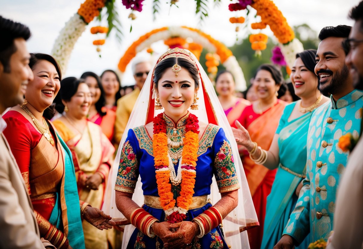 A bride in a colorful traditional wedding dress, surrounded by vibrant flowers and joyful guests