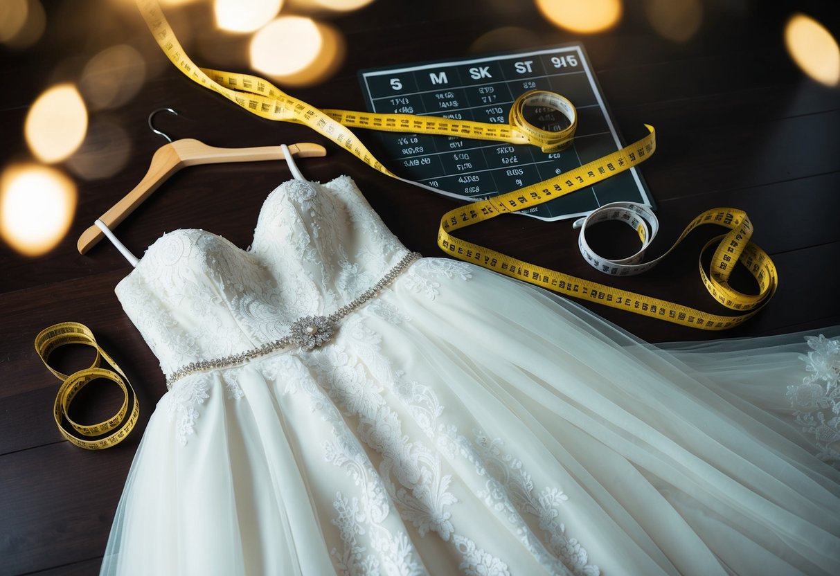 A size 12 wedding dress equivalent to a UK size would be a scene of a bridal gown on a mannequin, surrounded by measuring tape and a size conversion chart