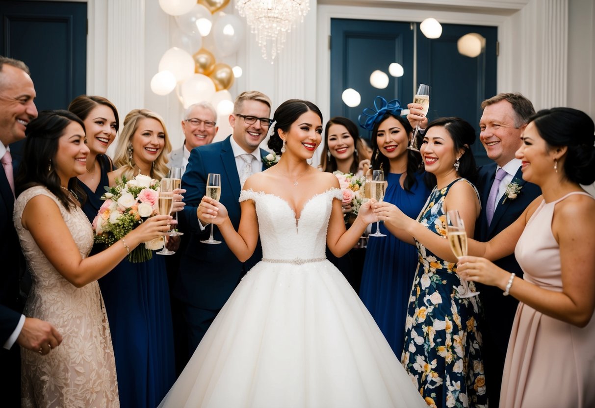 A bride wearing a white gown at her engagement party, surrounded by friends and family, celebrating with champagne and flowers