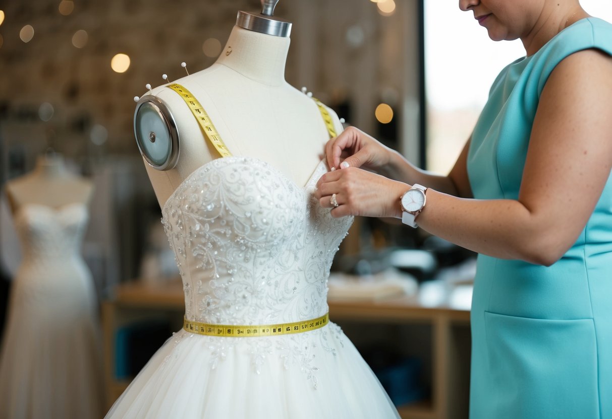 A seamstress adjusting a wedding dress on a mannequin, surrounded by pins and measuring tape