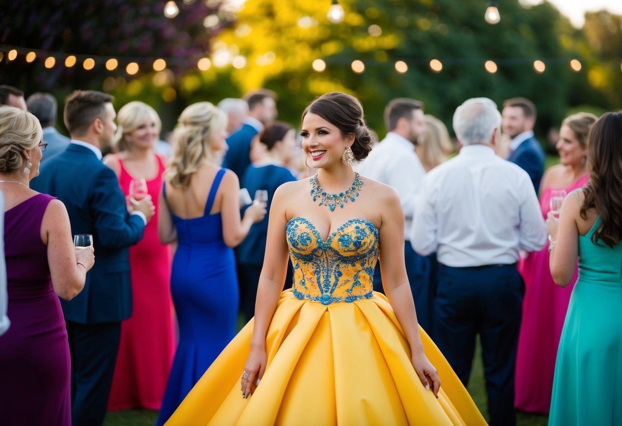 A bride in a vibrant, elegant dress stands out among guests at an engagement party