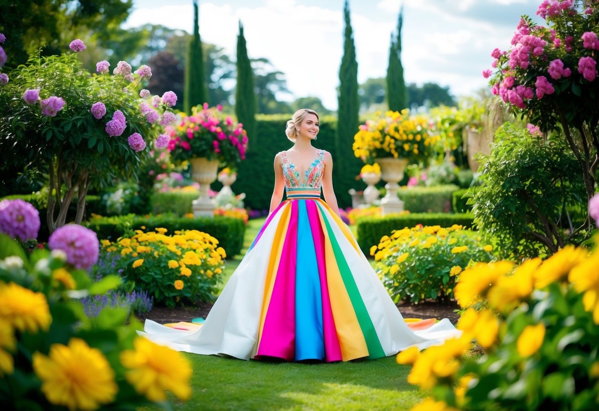 A bride in a colorful gown stands out in a vibrant garden setting, surrounded by blooming flowers and lush greenery