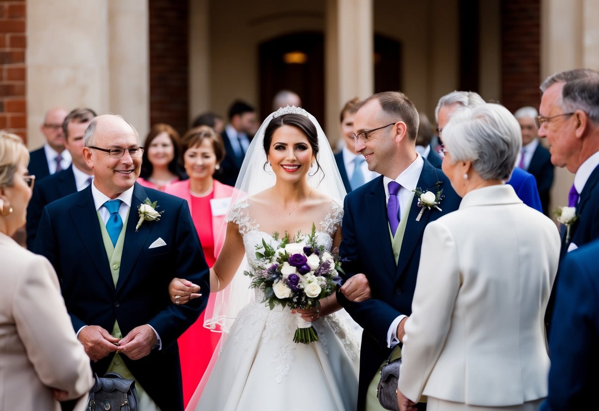 A bride wearing a colored wedding gown, surrounded by guests in formal attire