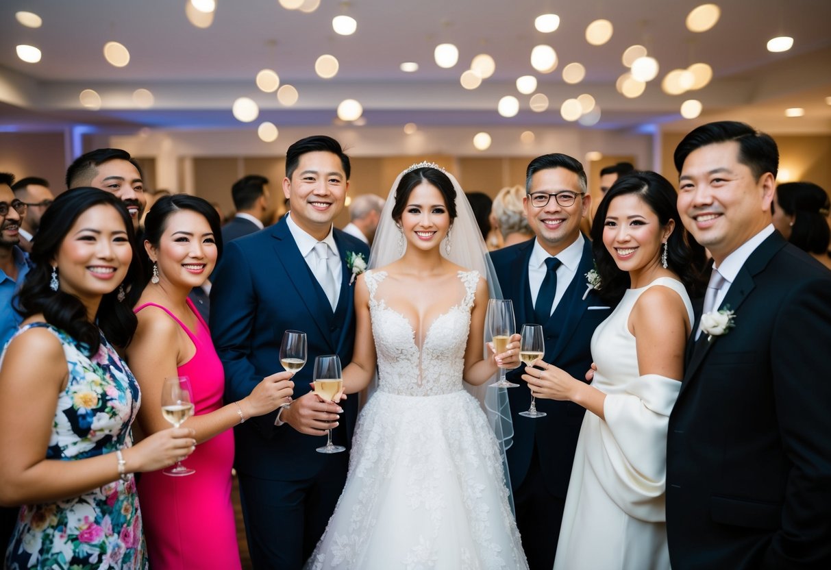 A bride in a stunning white dress, surrounded by friends and family at her engagement party