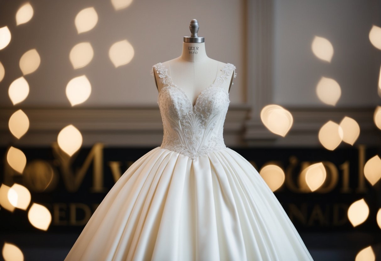 An elegant off-white wedding gown displayed on a mannequin