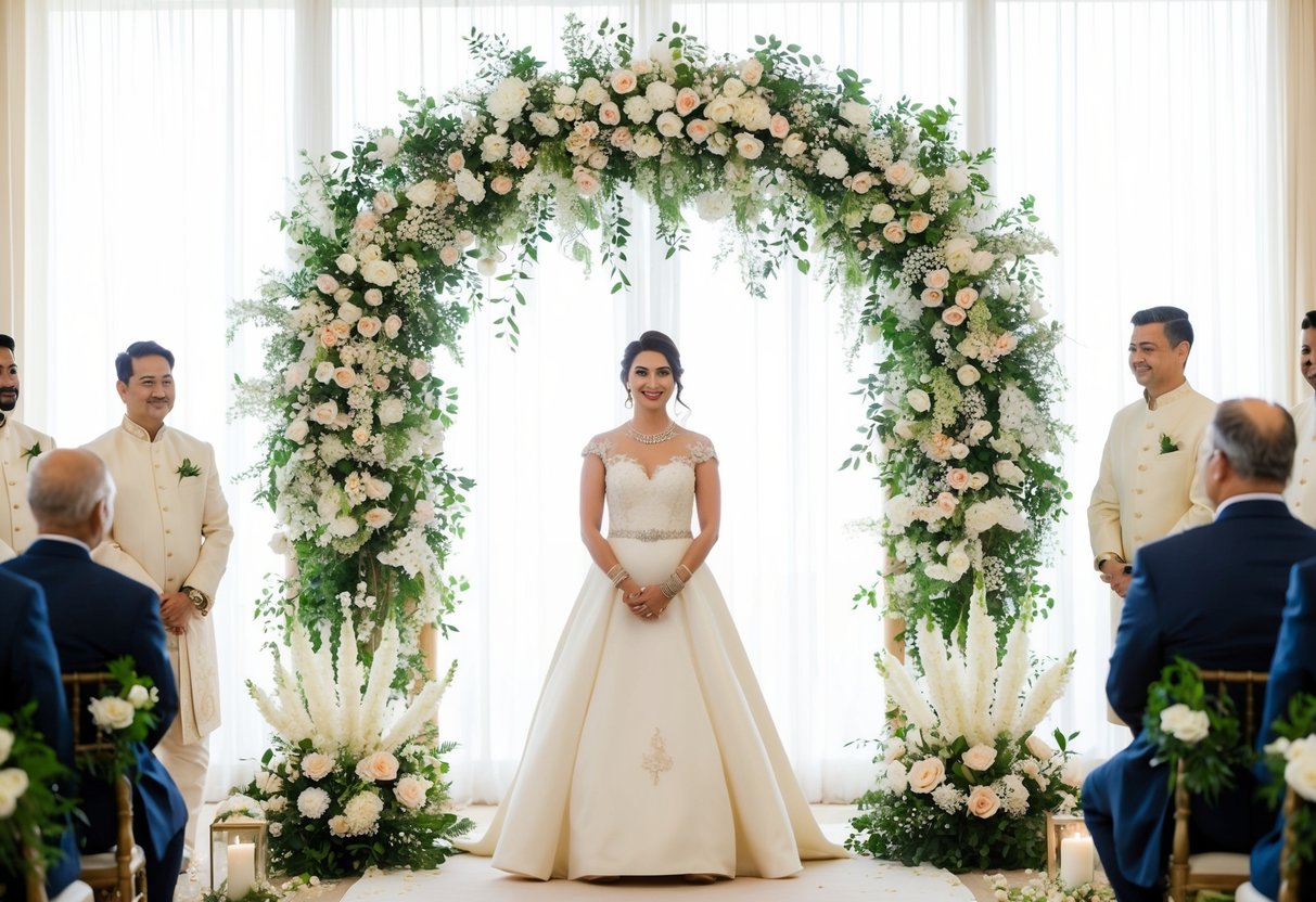 A bride in off-white attire stands beneath a floral arch at a wedding ceremony, surrounded by traditional decorations and symbols of love and unity