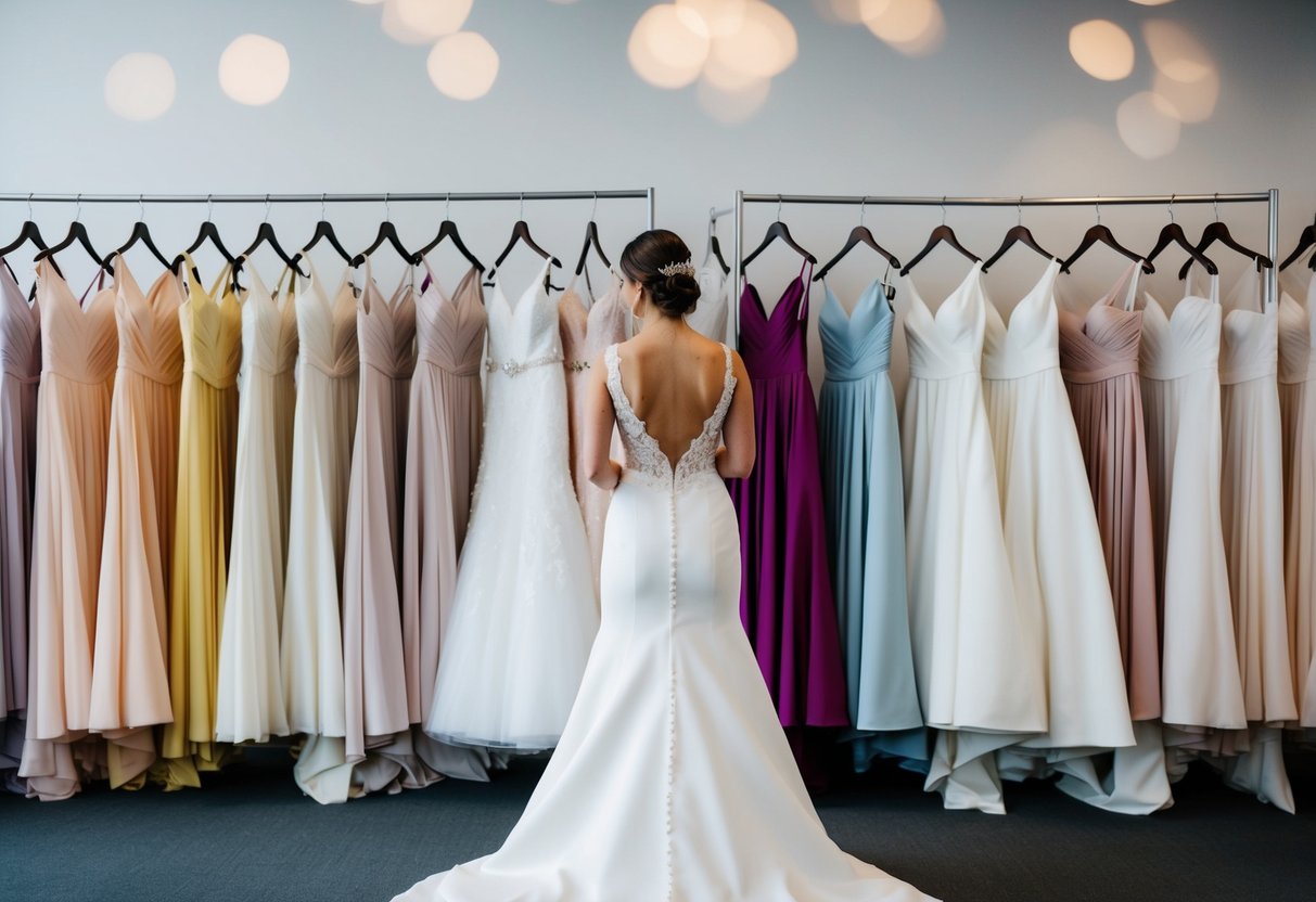 A bride stands in front of a row of wedding gowns in various shades of white, carefully comparing the colors to find the perfect one for her special day