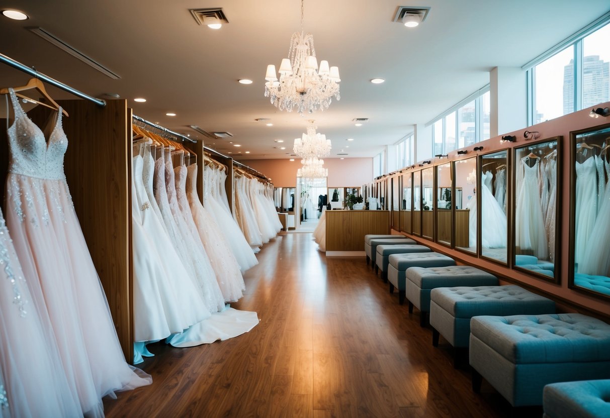 A bridal shop with rows of gowns, mirrors, and seating areas for trying on dresses