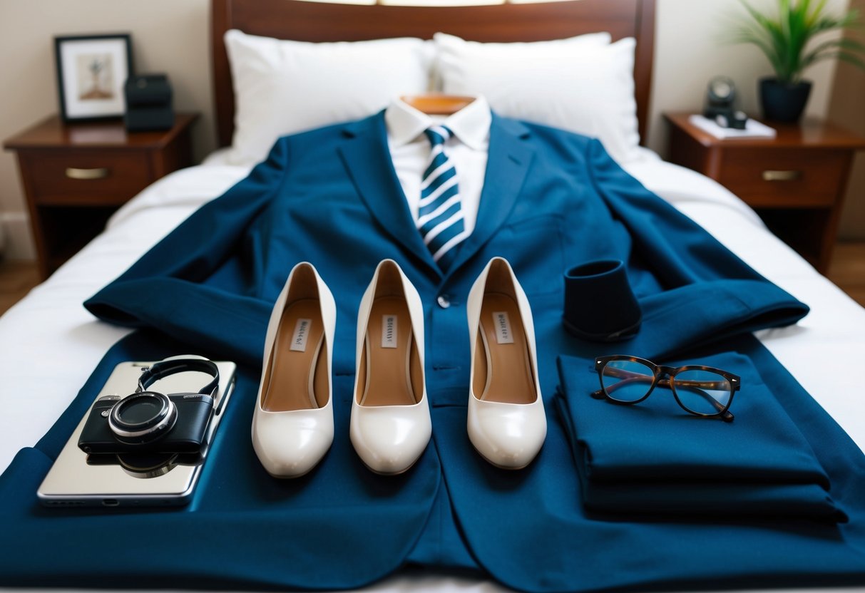 A neatly arranged outfit with a dress or suit, shoes, and accessories laid out on a bed or table