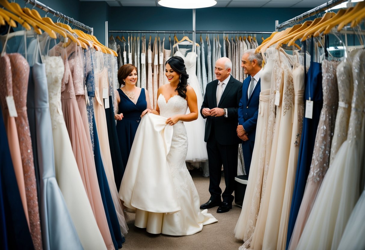 A bride stands in a boutique surrounded by racks of wedding dresses, holding up an off-white gown to her body, while her friends and family look on