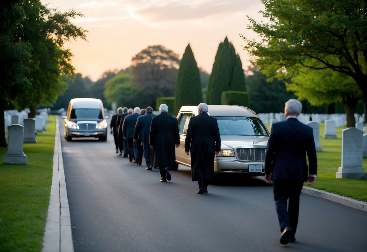 Une procession funéraire sereine avec un corbillard et des endeuillés marchant vers un cimetière paisible