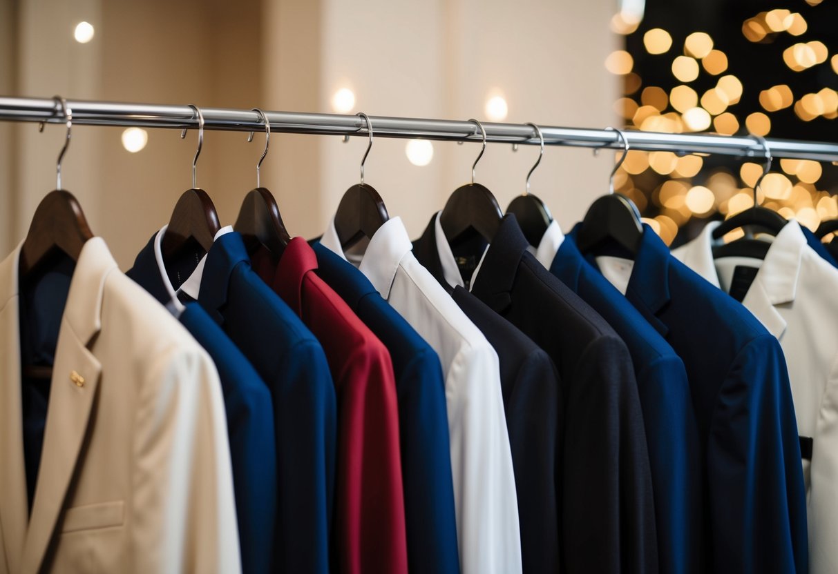 A clothing rack with various formal attire options for the night before a wedding