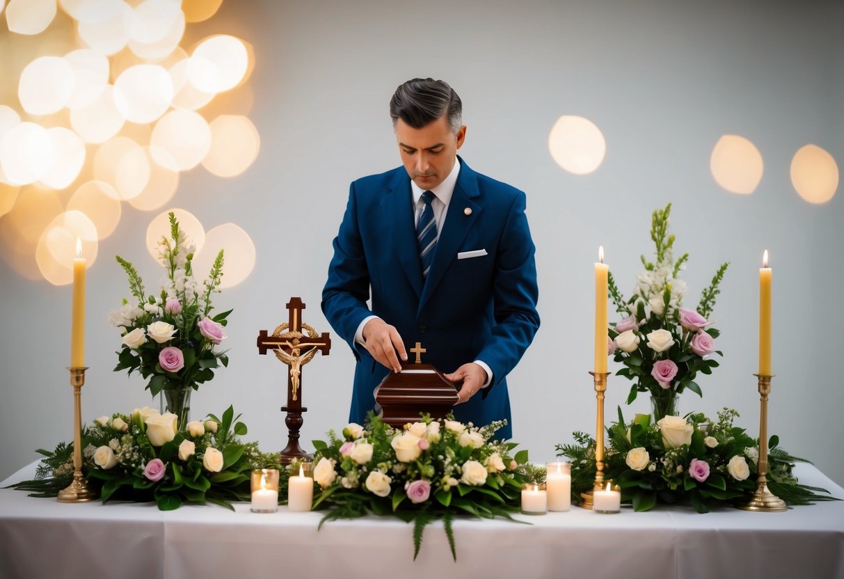 Un directeur de funérailles préparant un DSP, arrangeant des fleurs, des bougies et des symboles religieux sur une table.