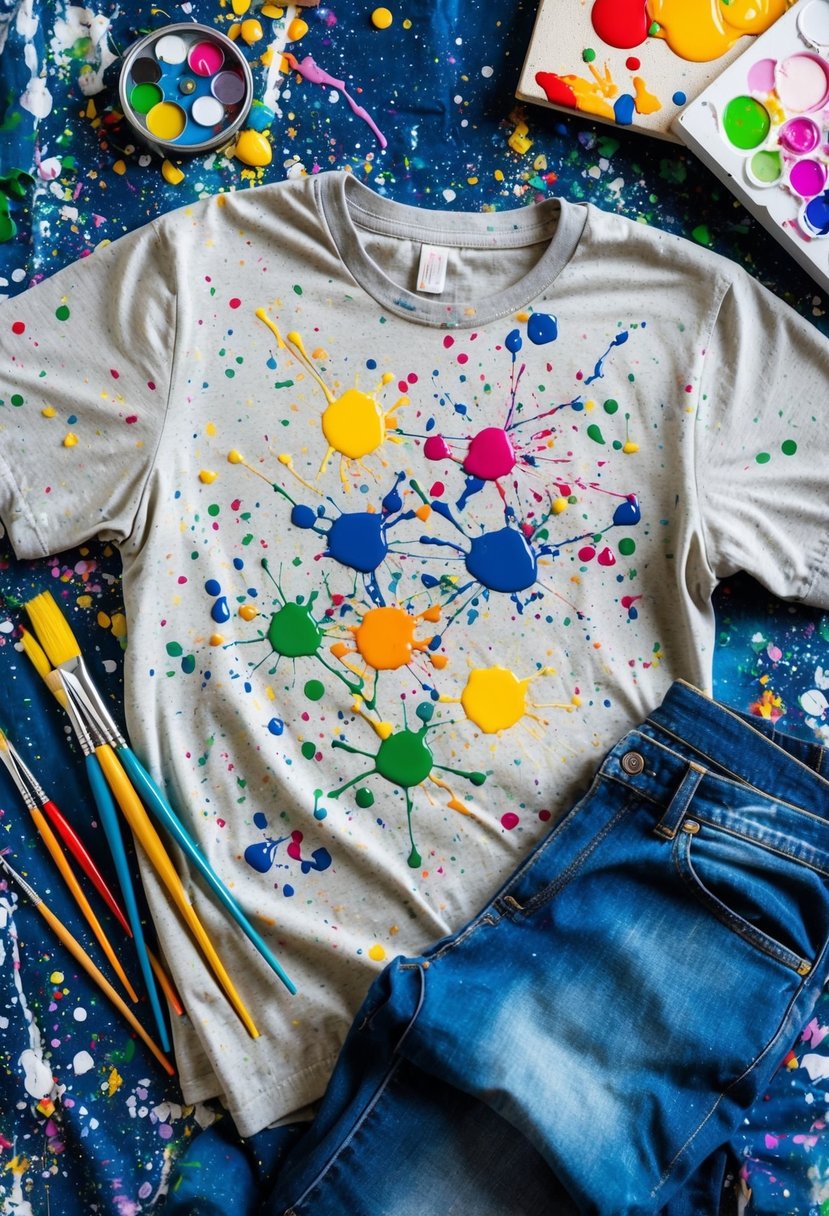 An old t-shirt and jeans splattered with colorful paint, surrounded by paintbrushes and a canvas