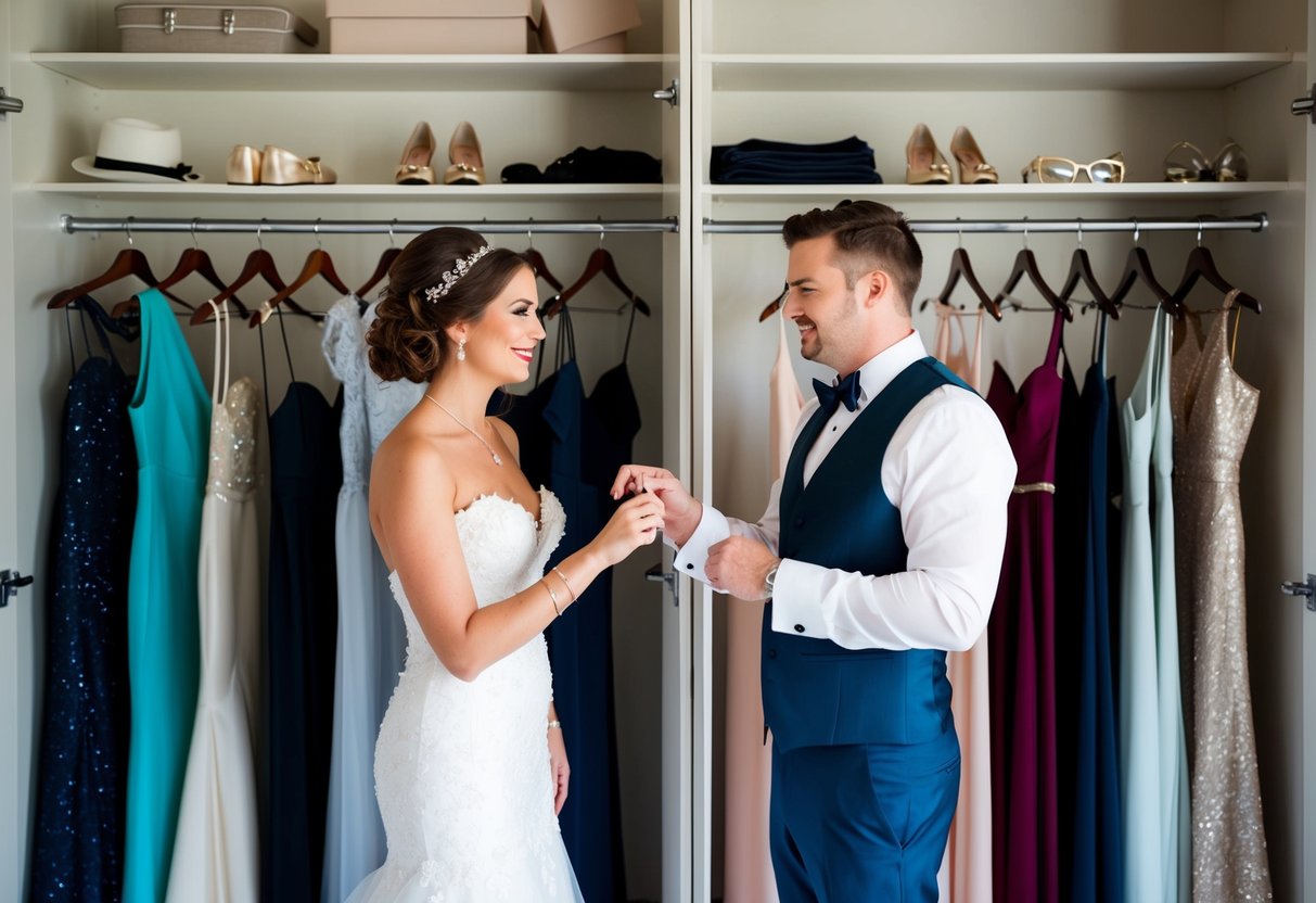 A bride and groom-to-be stand in front of a closet filled with elegant evening wear, debating their outfit choices for the night before the wedding