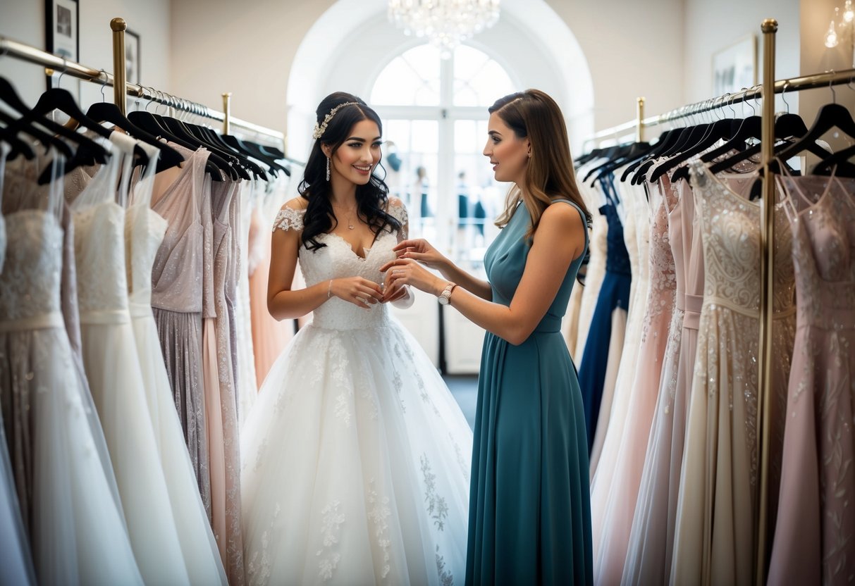 A bride and her friend browse through racks of wedding dresses in a boutique in the UK. The friend offers advice as the bride tries on different gowns