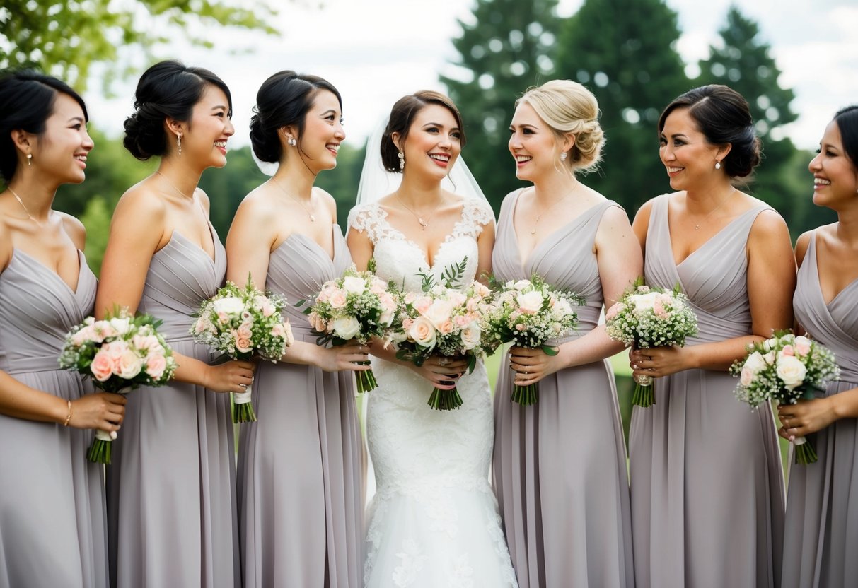 A group of bridesmaids standing in a line, holding bouquets and wearing matching dresses, smiling and chatting together