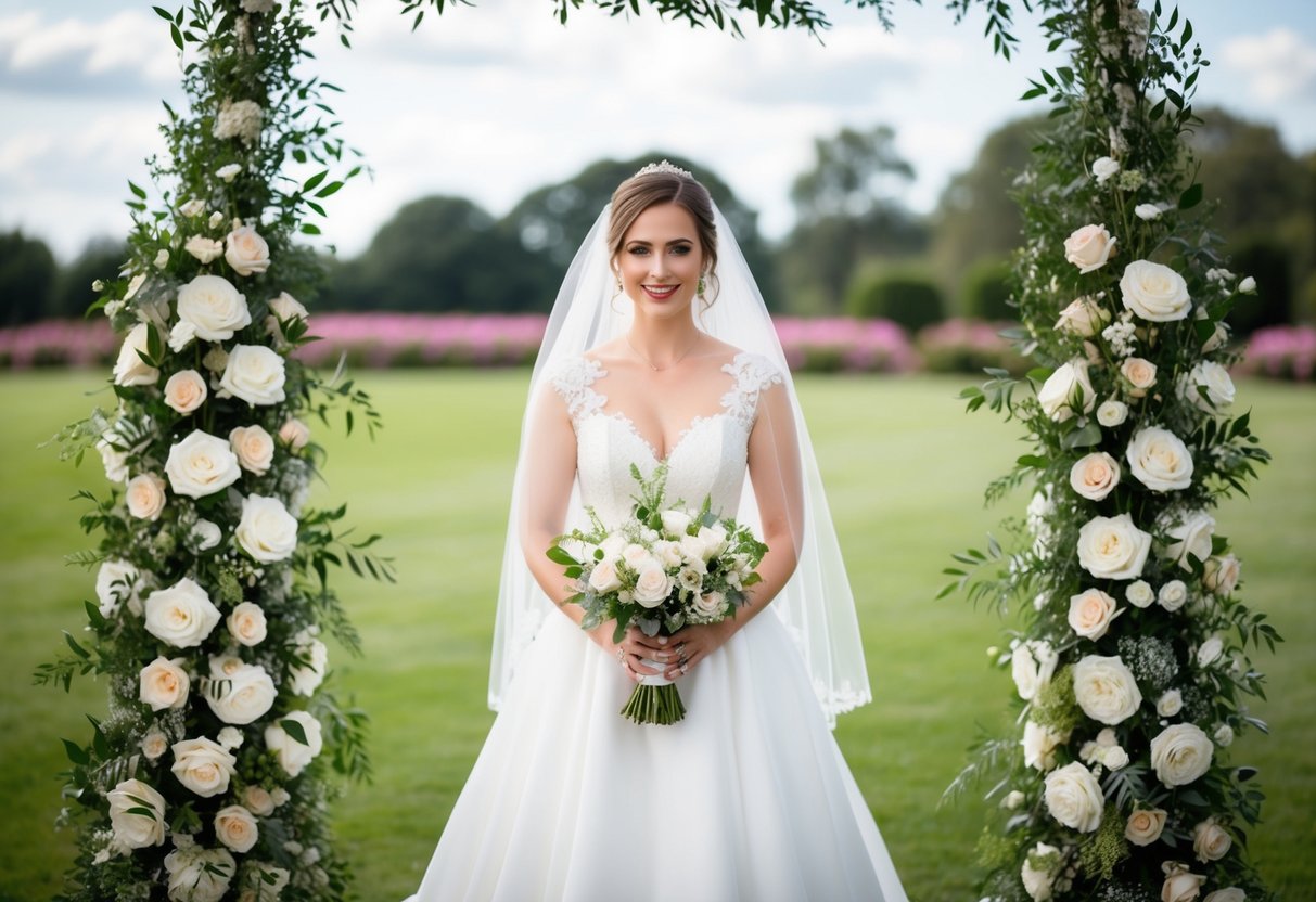 A bride stands in a white wedding dress, surrounded by floral arrangements and a bridal veil