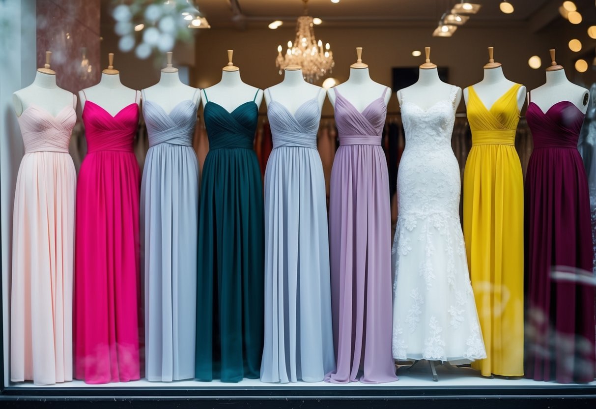 A group of bridesmaid dresses displayed in various colors and styles, arranged neatly on mannequins in a bridal shop window