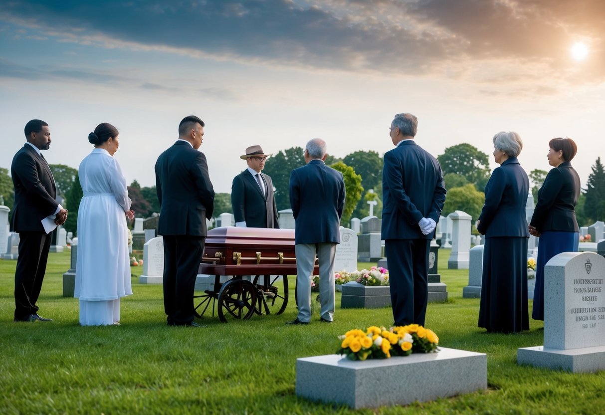 Un cimetière serein avec divers prestataires de services funéraires et des endeuillés, mettant en lumière les implications éthiques et sociales des services funéraires.