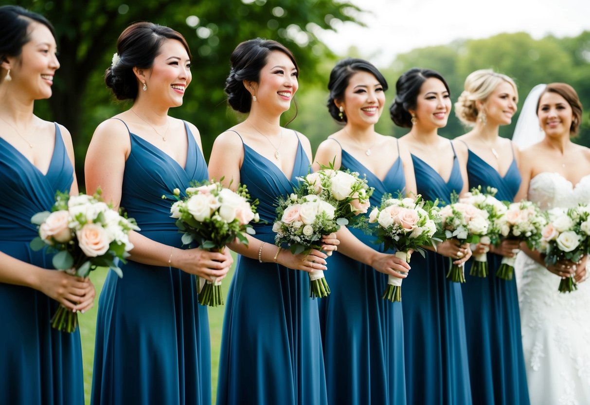A group of bridesmaids standing in a line, holding bouquets and wearing matching dresses. They are smiling and looking towards the bride