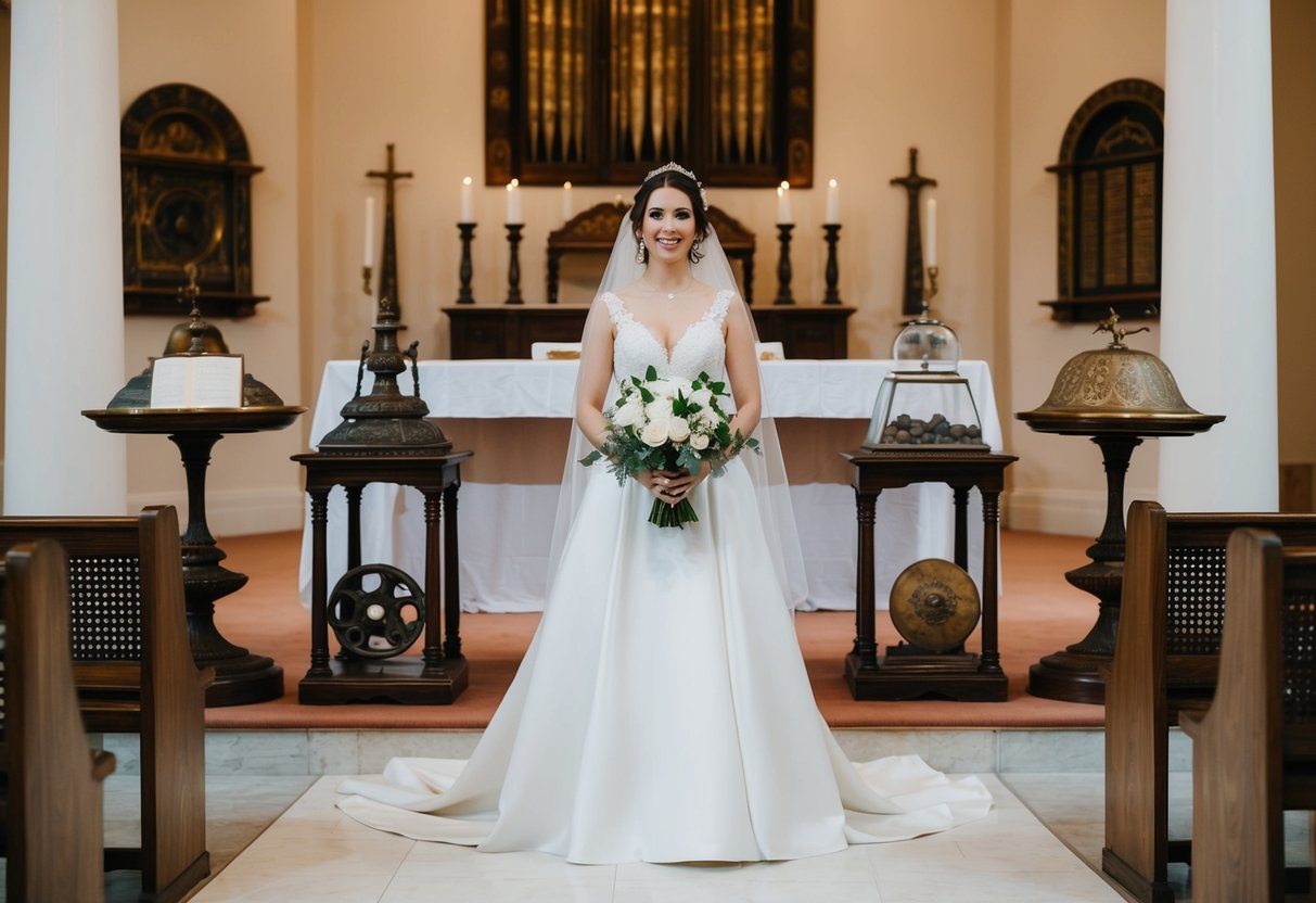 A bride in a white dress stands at the altar, surrounded by historical artifacts symbolizing the tradition of the white wedding dress
