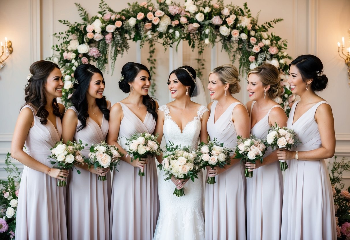 A group of bridesmaids in matching dresses stand together, smiling and chatting, surrounded by floral decorations and elegant wedding decor