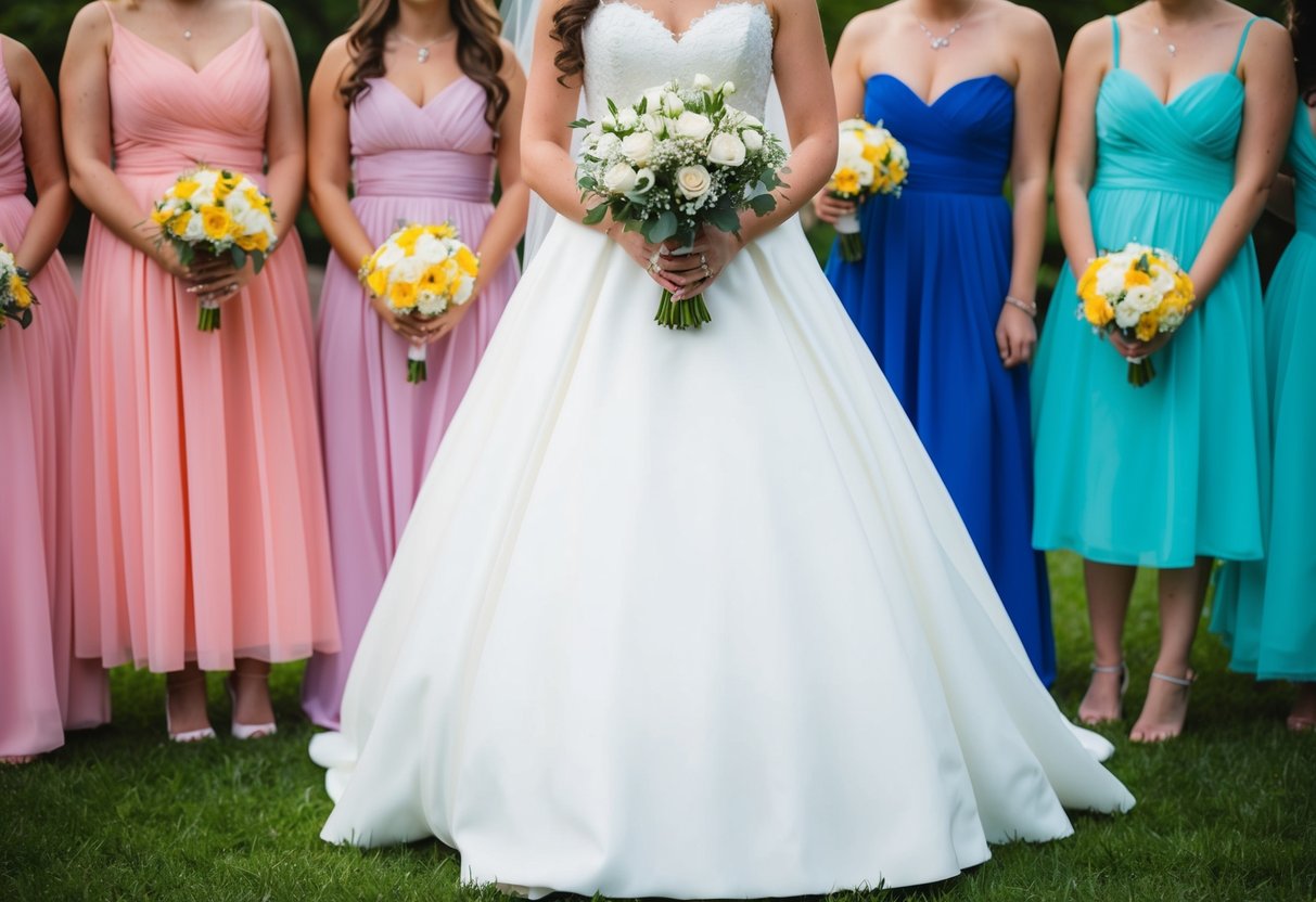 A bride in a traditional white wedding dress surrounded by a group of bridesmaids in various colored dresses