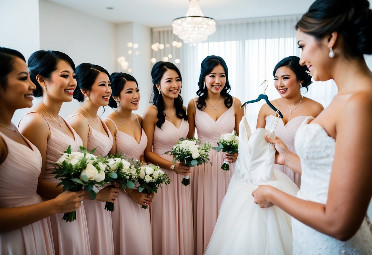 A bride holding a dress and a group of bridesmaids looking at it with mixed expressions