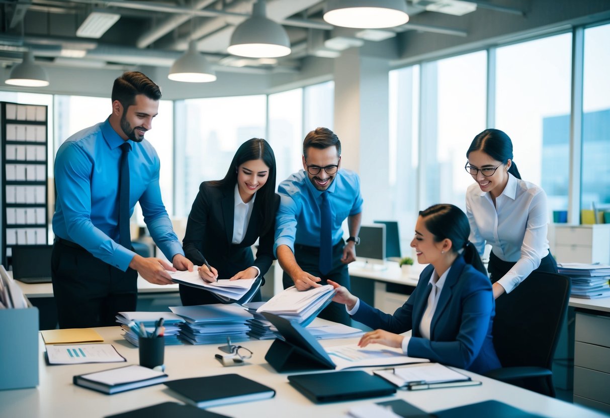 Un bureau occupé avec du personnel des ressources humaines organisant des fichiers et des données, collaborant sur des stratégies et gérant les horaires des employés dans un environnement dynamique de prestataire de services.