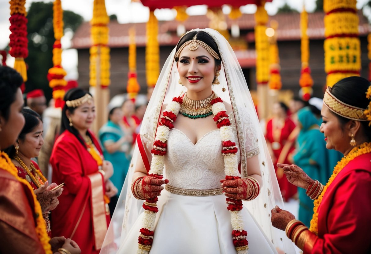 A bride in a white dress surrounded by cultural symbols and traditions