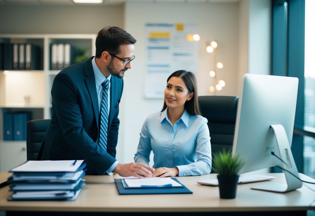 Un bureau avec un bureau, un ordinateur et des dossiers. Un manager discute des processus RH avec un nouvel employé.