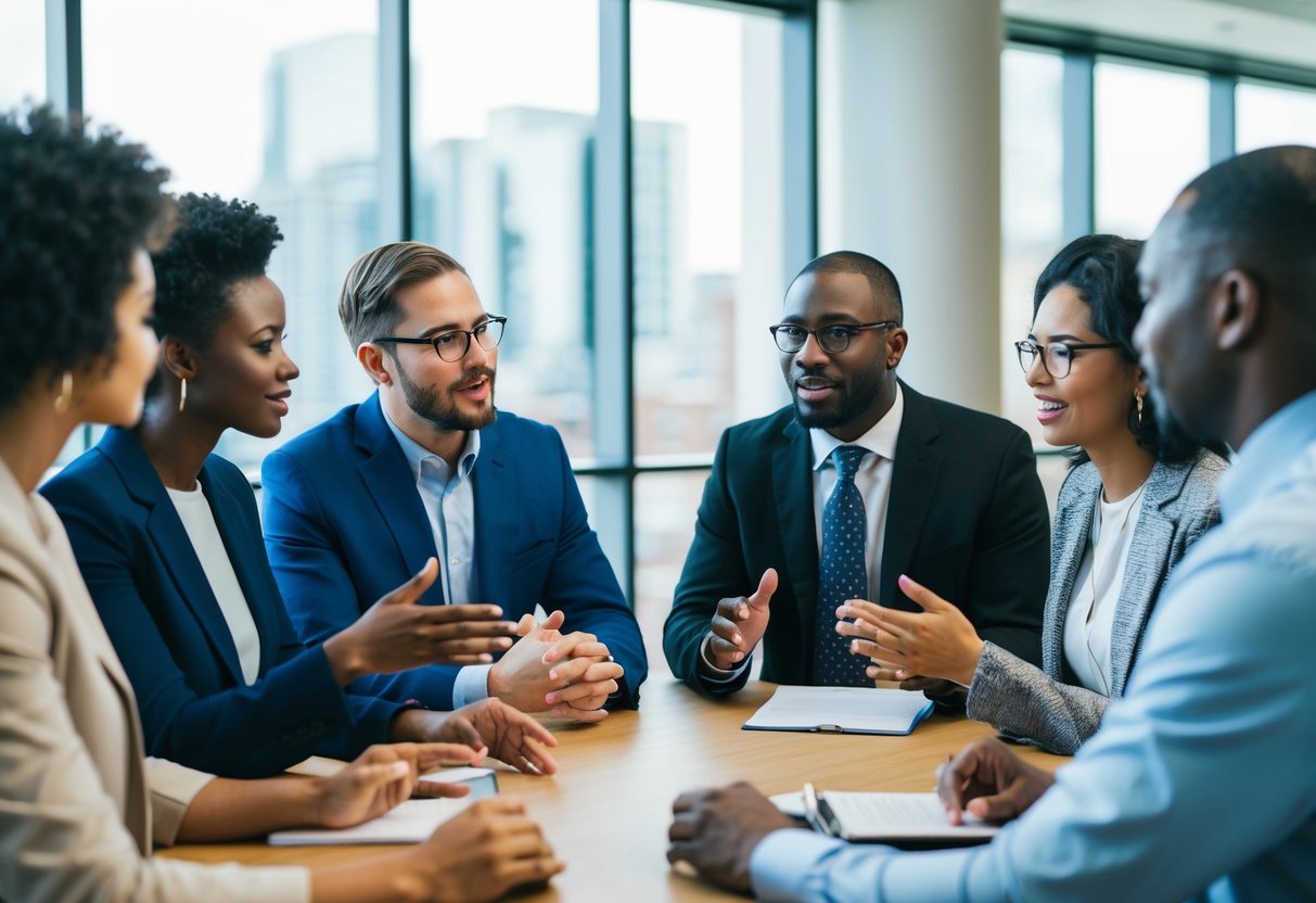 Un groupe d'individus divers engage une discussion, symbolisant la communication et le dialogue social dans le cadre d'un partenariat public-privé.