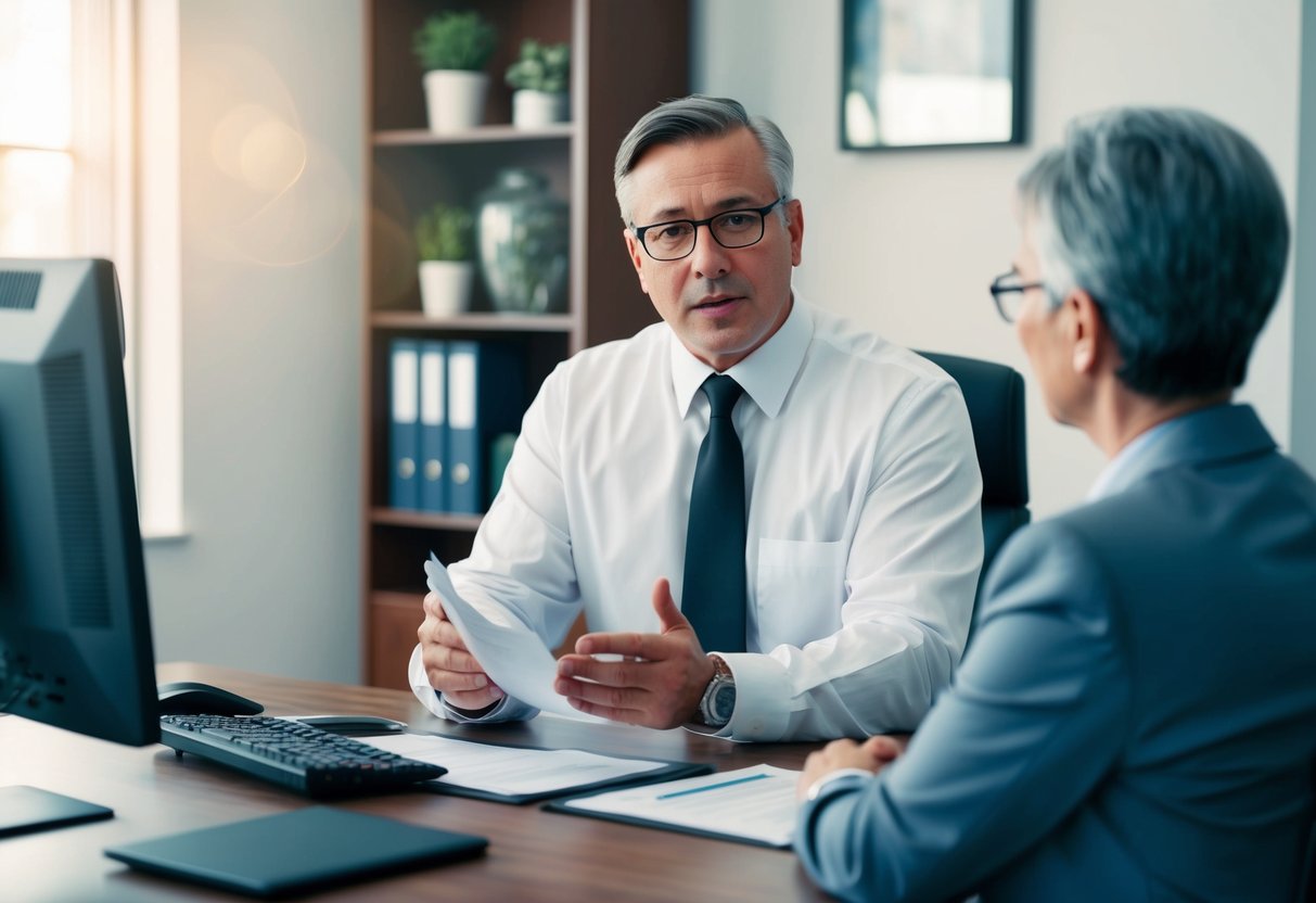 Un directeur de funérailles répondant à des questions dans un bureau, avec un ordinateur et des documents sur le bureau, dans une atmosphère réconfortante.